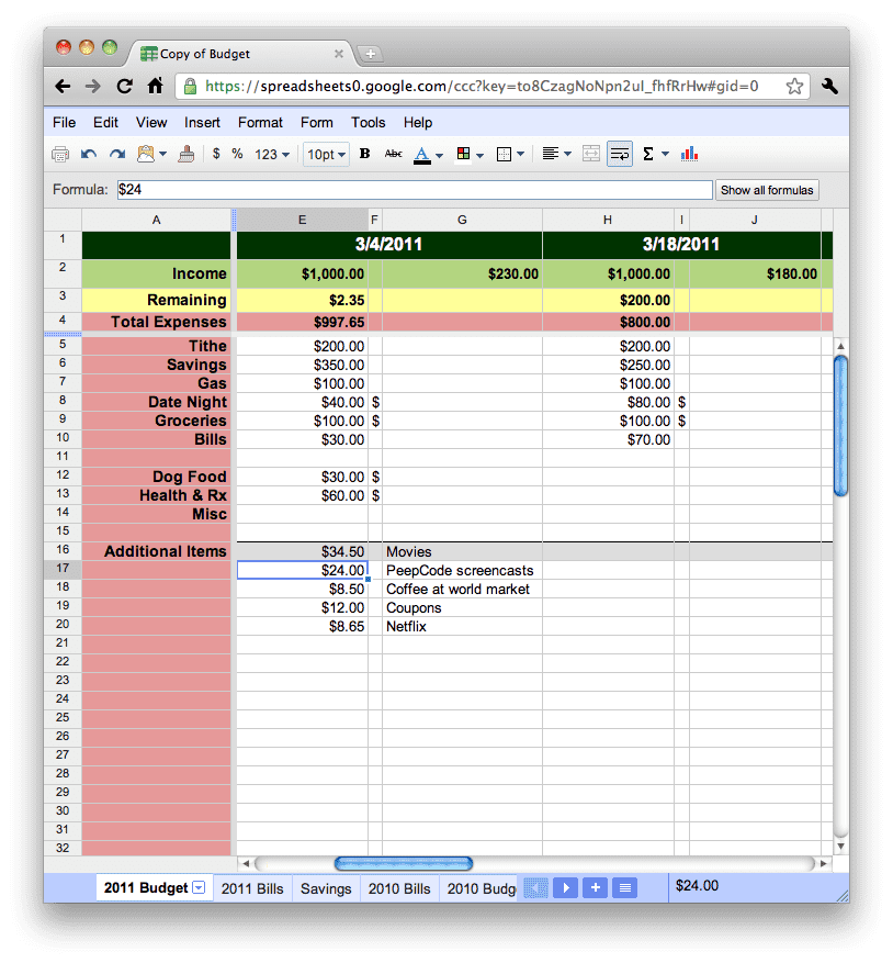 planned budget subtotal google sheets template